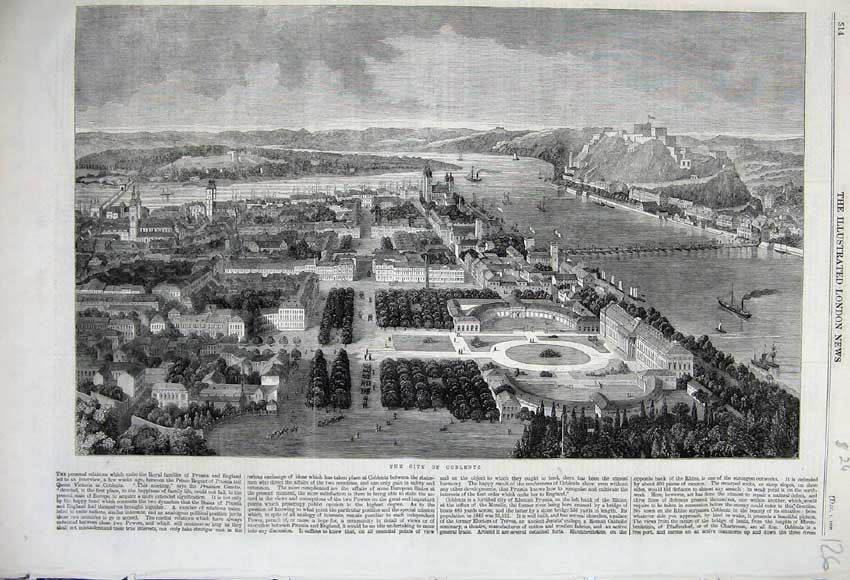 Original Old Antique Print 1860 View City Coblentz Castle Forts Ships Buildings