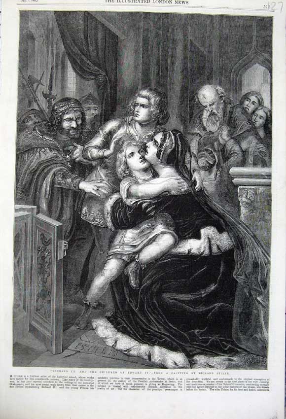 Old Antique Print 1860 Richard Iii Children Edward Iv Sadness Art Stilke 19th