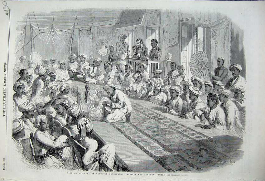 Old Antique Print 1860 Sale Calcutta Government Presents Lucklow Jewels 19th
