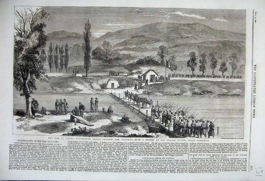 Old Antique Print 1860 War Naples Garibaldian Troops Volturno Bridge Army 19th