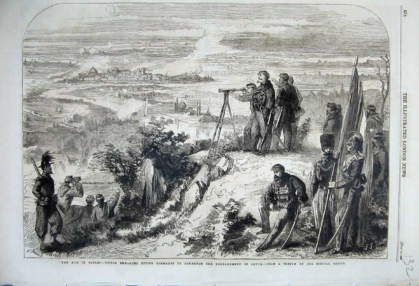 Old Antique Print 1860 War Naples Victor Emmanuel Bombardment Capua Army 19th