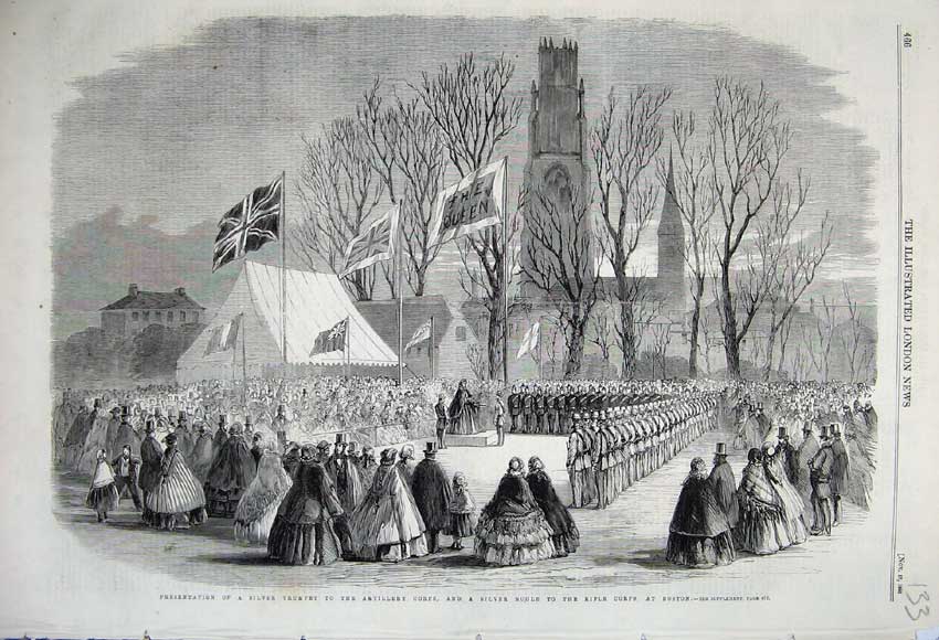 Old Antique Print 1860 Presentation Silver Trumpet Army Bugle Rifle Corps 19th