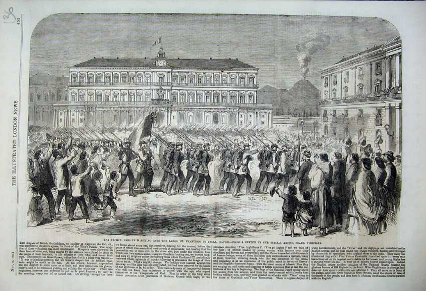 Original Old Antique Print 1860 British Brigade Marching Largo Naples War Army