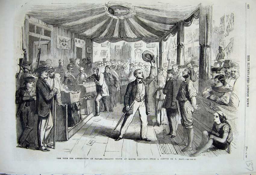 Old Antique Print 1860 Voting Naples Polling Booth Monte Calvario Italy 19th