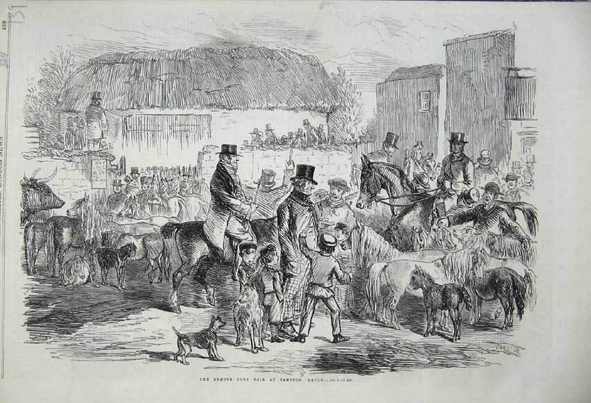Original Old Antique Print Exmoor Pony Fair Bampton Devon 1860 Horses Children