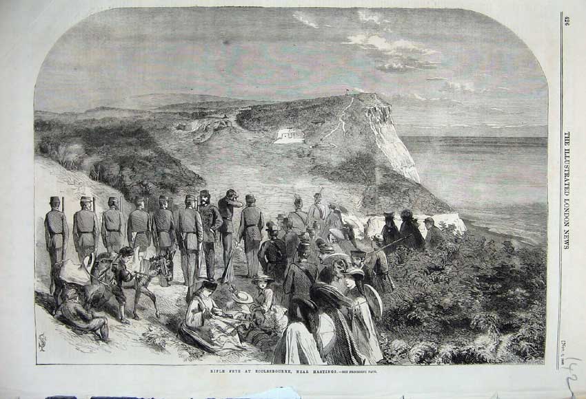 Original Old Antique Print 1860 Rifle Fete Ecclesbourne Hastings Men Sier Sport