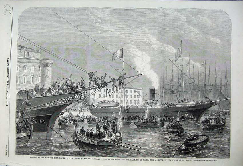 Old Antique Print 1860 Military Naples Emperor Melazzo Garibaldi Ship War 19th