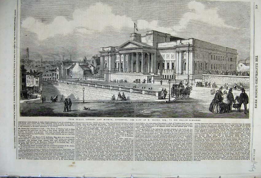 Old Antique Print 1860 Free Public Library Museum Liverpool Street Brown 19th