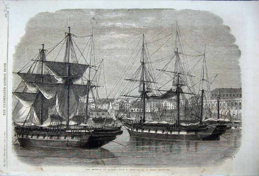 Original Old Antique Print 1860 Arsenal Naples Sailing Ships Harbour Italy War