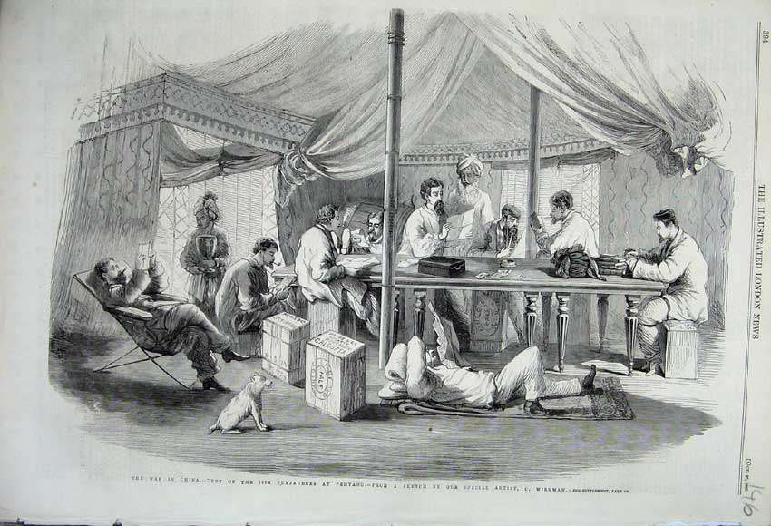 Original Old Antique Print 1860 War China Punjaubees Pehtang Army Table Dog Men