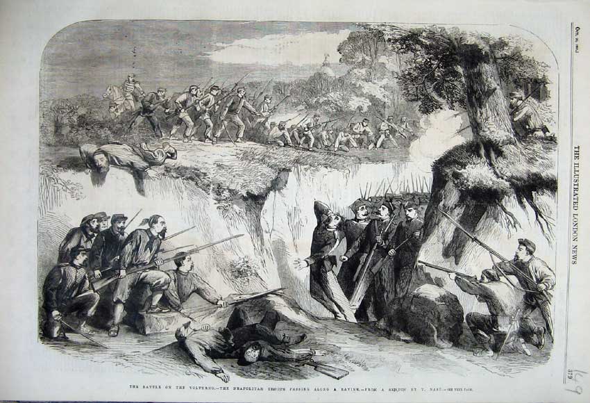 Old Antique Print 1860 Battle Volturno Neapolitan Troops Ravine War Gun 19th