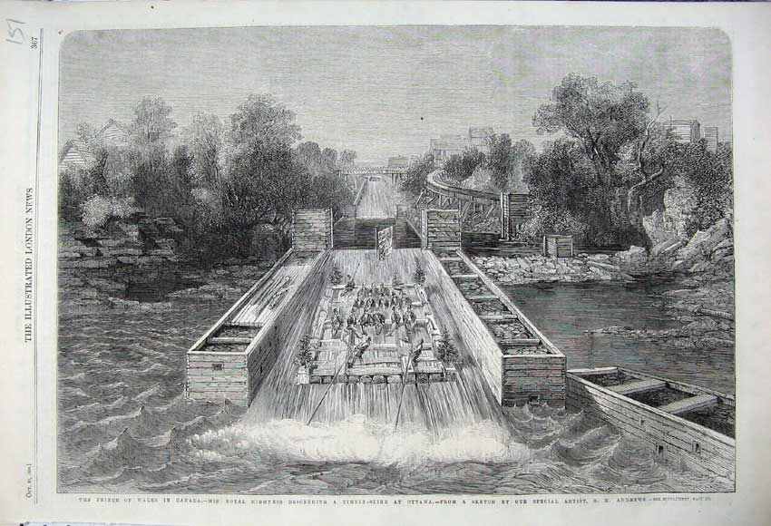 Original Old Antique Print 1860 Prince Wales Canada Timber Slide Ottawa River