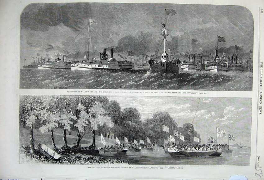 Old Antique Print 1860 Prince Wales Canada Canoe Ship Lawrence Montreal 19th
