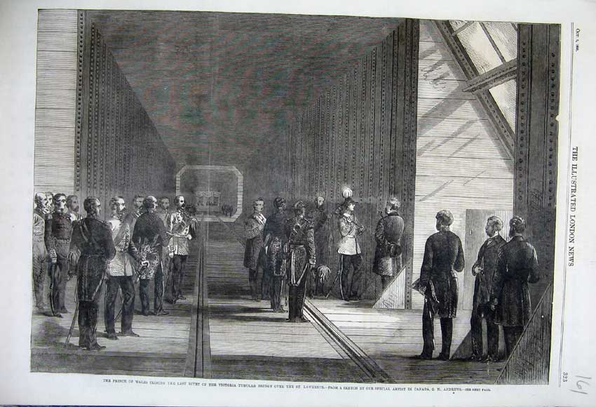 Old Antique Print 1860 Prince Wales Closing Rivet Victoria Tubular Bridge 19th