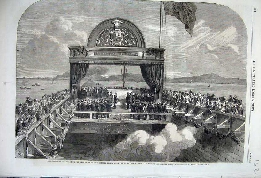 Old Antique Print Prince Wales 1860 Last Stone Victoria Bridge Lawrence 19th