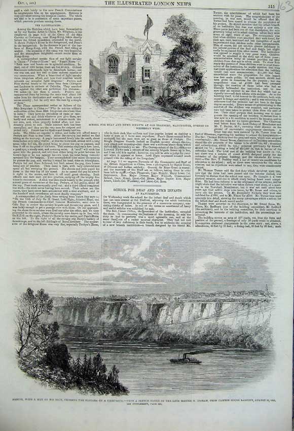 Original Old Antique Print 1860 School Deaf Manchester Farina Niagara Tightrope
