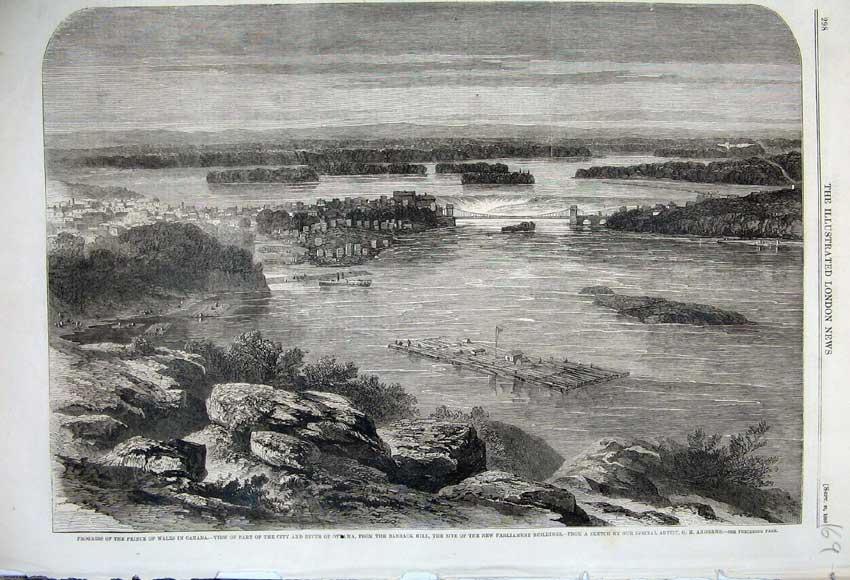 Old Antique Print 1860 Prince Wales Canada City River Ottawa Barrack Hill 19th