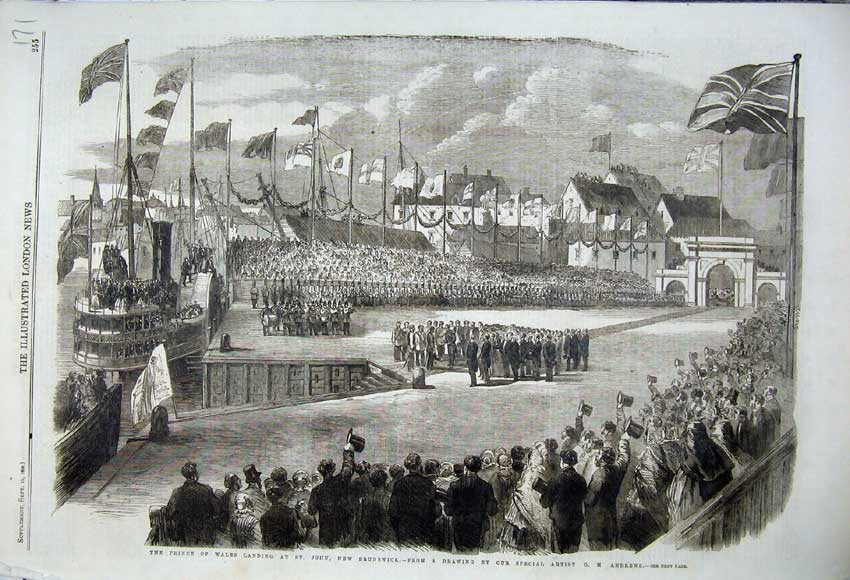Original Old Antique Print 1860 Prince Wales St John Brunswick War Ships Army