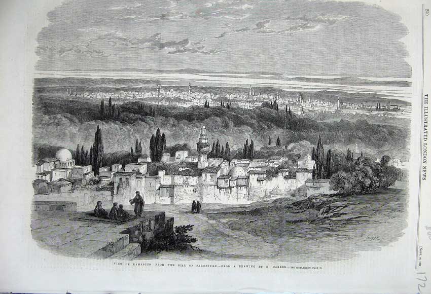 Original Old Antique Print 1860 View Damascus Hill Salahiyeh Town Trees Houses