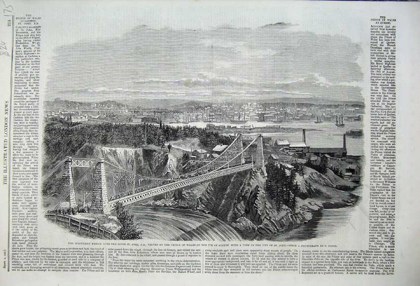 Old Antique Print 1860 Suspension Bridge River St John Prince Wales Ships 19th