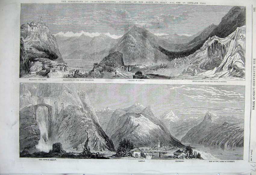 Old Antique Print 1860 Del Sasso Magadino Airolo Devil'S Bridge Bay Uri 19th