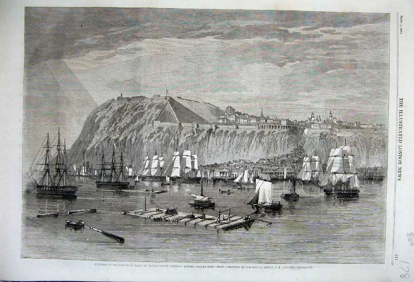 Old Antique Print 1860 Prince Wales Quebec Sailing Ships Fort Sea Houses 19th