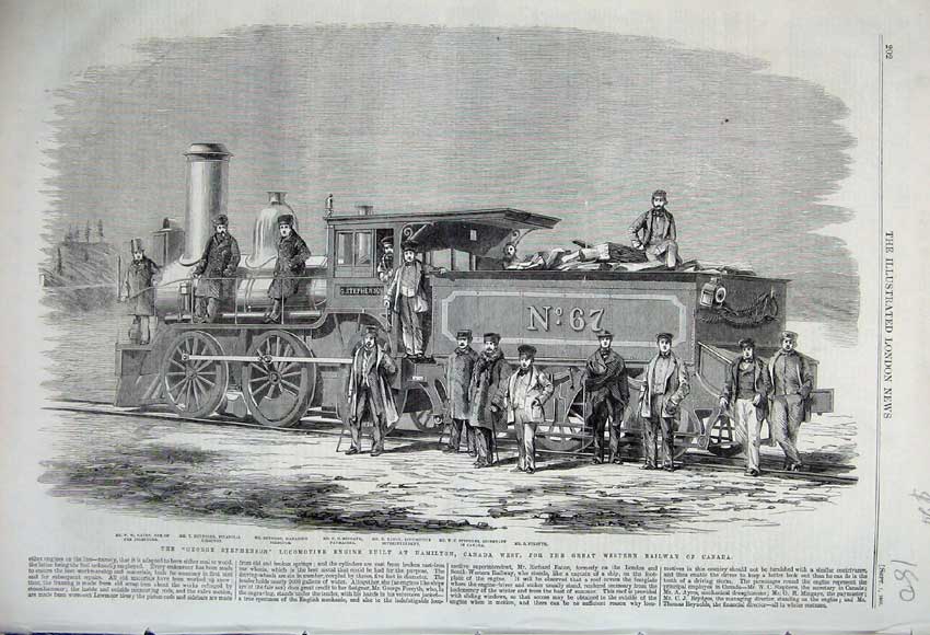 Original Old Antique Print 1860 George Stephenson Train Engine Canada Railway