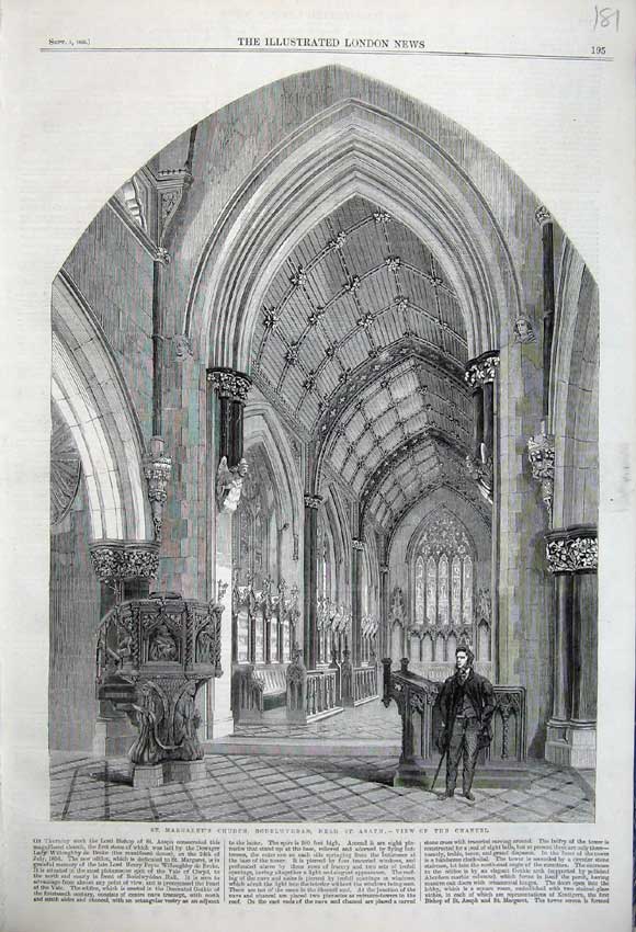 Original Old Antique Print 1860 Interior St Margaret'S Church Bodelwyddan Man