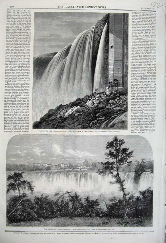Old Antique Print Horseshoe Water Fall Niagara 1860 American River Trees 19th