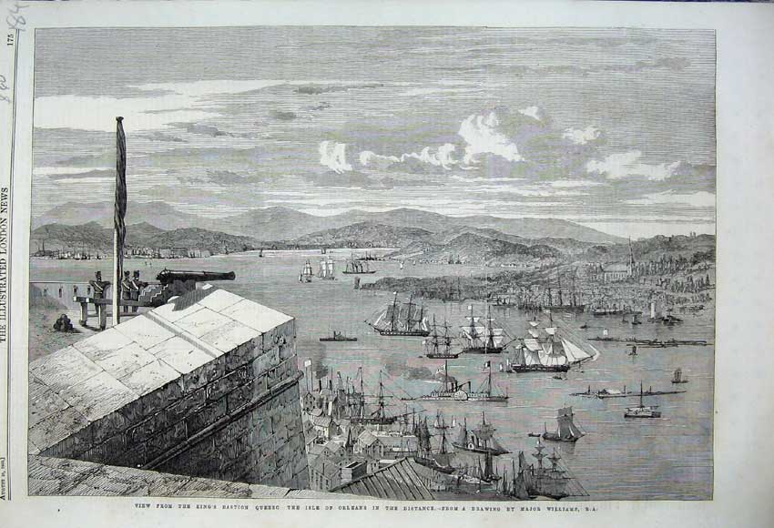 Original Old Antique Print 1860 View King'S Bastion Quebec Isle Orleans Canada