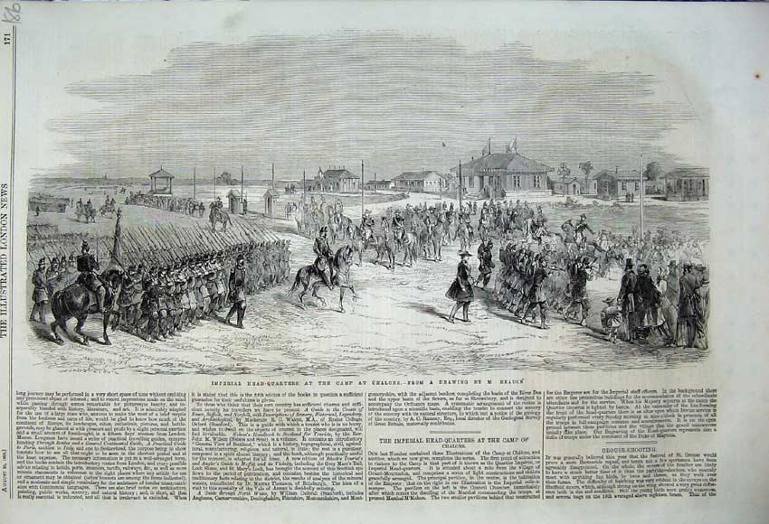 Original Old Antique Print 1860 Imperial Head-Quarters Camp Chalons War Army