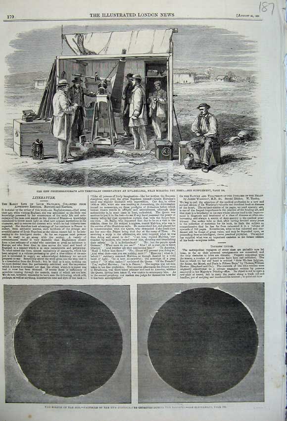 Old Antique Print 1860 Eclipse Sun Temporary Observatory Rivabellosa Ebro 19th