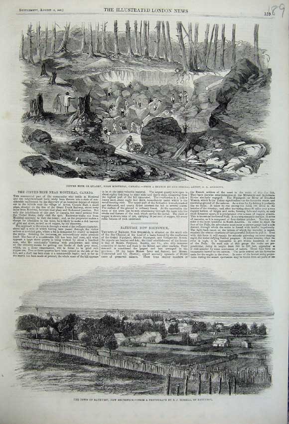 Old Antique Print 1860 Copper Quarry Montreal Canada Bathurst Brunswick 19th