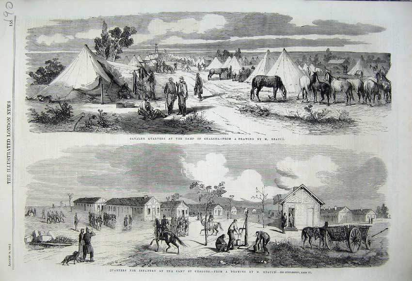 Old Antique Print 1860 Cavlary Quarters Camp Chalons War Infantry Tents 19th