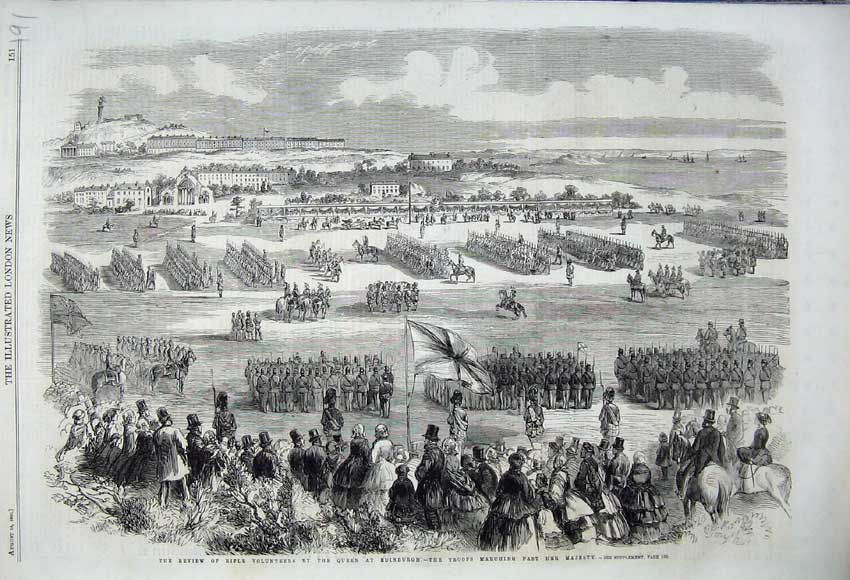 Old Antique Print 1860 Rifle Volunteers Queen Edinburgh Troops Scotland 19th