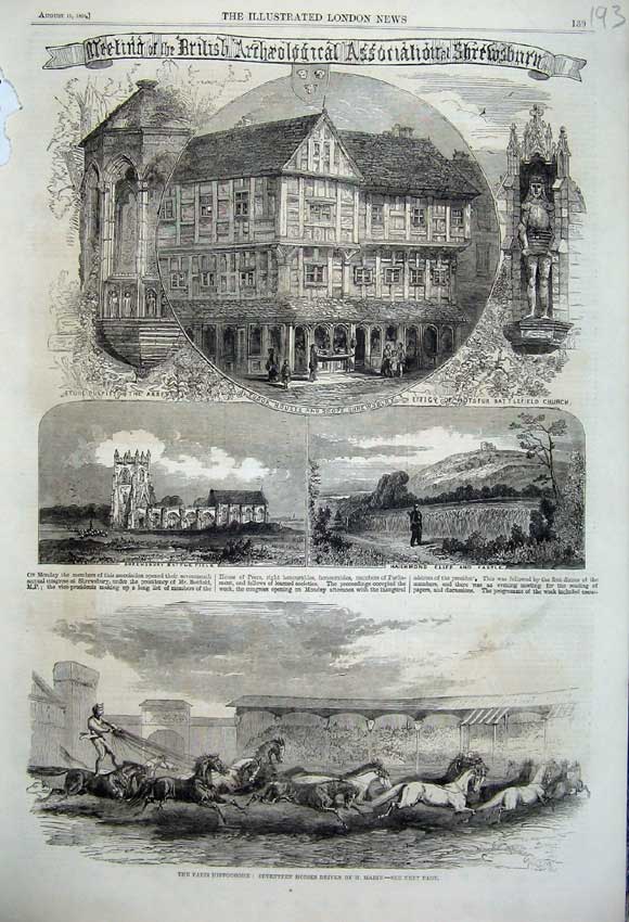 Original Old Antique Print 1860 Paris Hippodrome Horses Tudor House Shrewsbury
