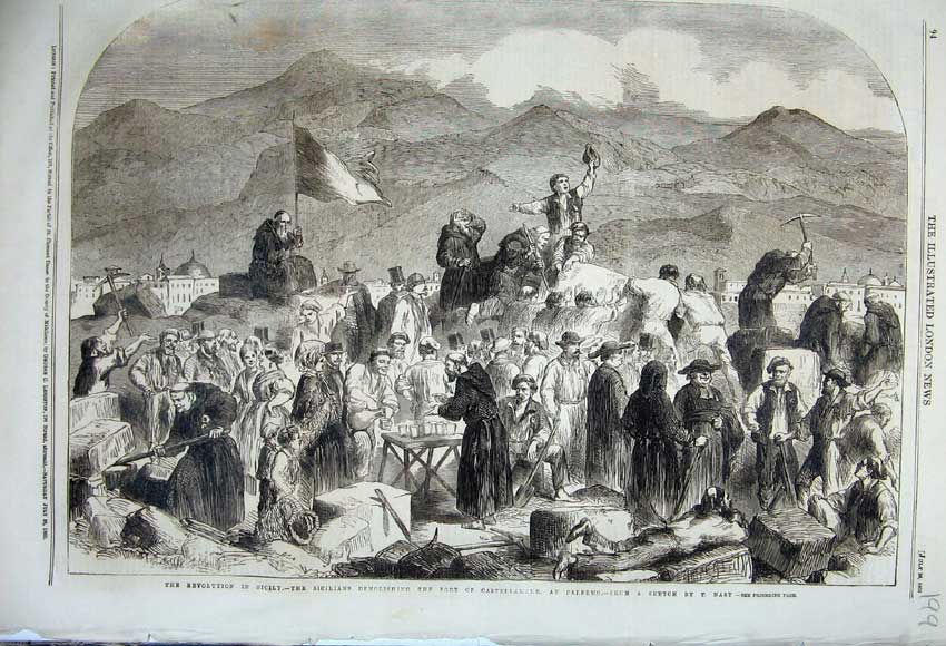 Original Old Antique Print 1860 Revolution Sicily Fort Castellamars Palmero War
