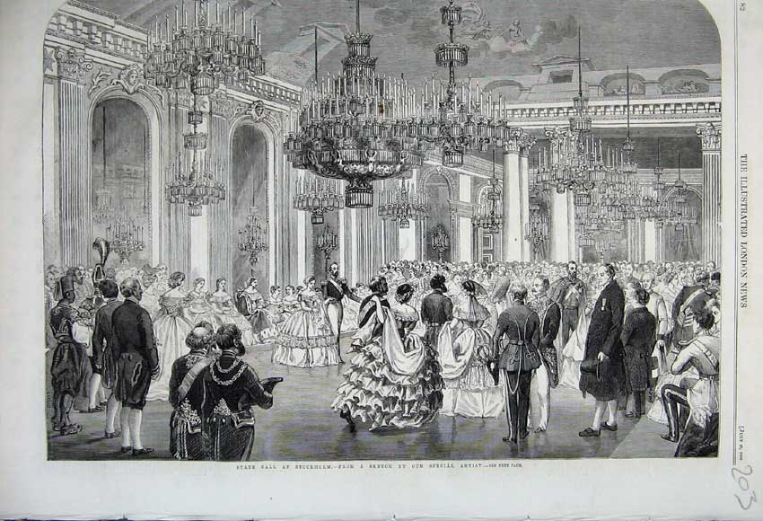 Original Old Antique Print 1860 State Ball Stockholm Men Women Romance Dancing