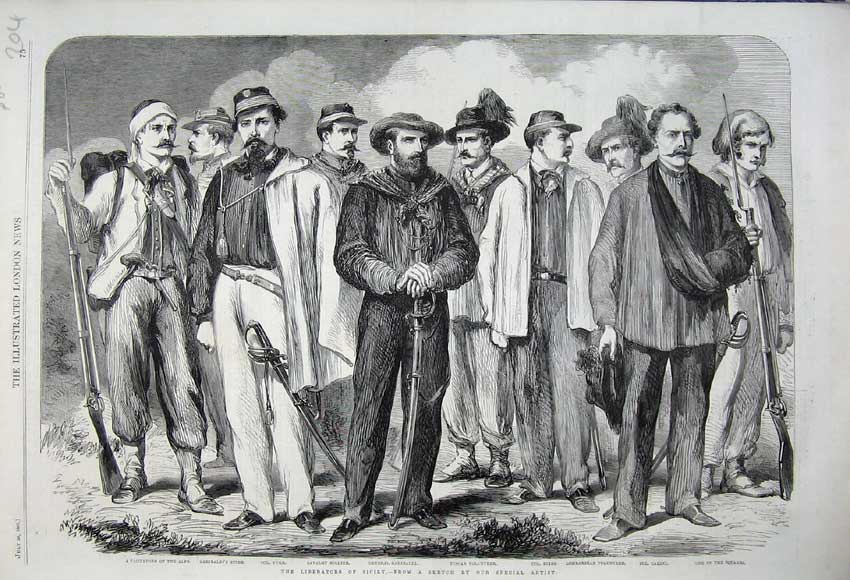 Original Old Antique Print 1860 Liberators Sicily Garibaldi Carini Sier Tuscan
