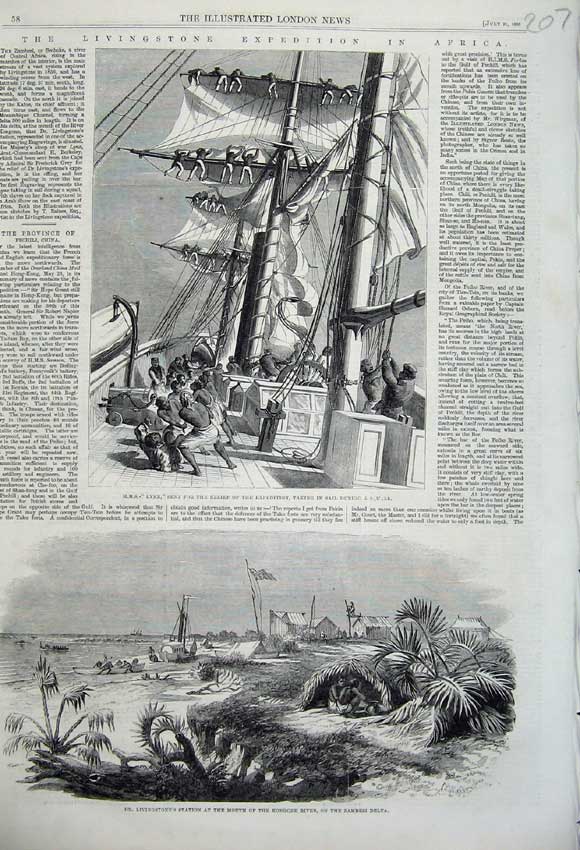 Original Old Antique Print 1860 Dr Livingstone Station Kongone River Ship Lynx