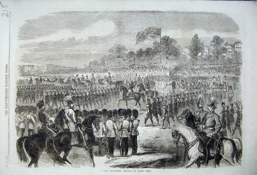 Original Old Antique Print 1860 View Volunteer Review Hyde Park Army War Siers
