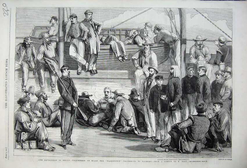 Original Old Antique Print 1860 Sicily Volunteers Washington Ship Palermo Peard