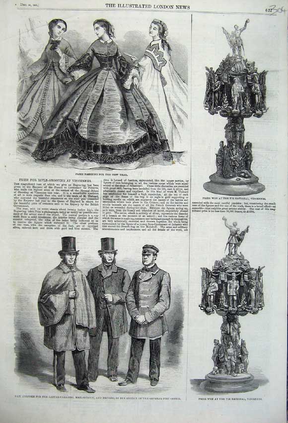 Old Antique Print 1860 Paris Fashion Tir National Vincennes Post Men Mail 19th