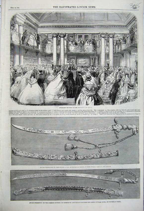 Original Old Antique Print 1860 Literary Reunion Sword Lord Clyde James Outram
