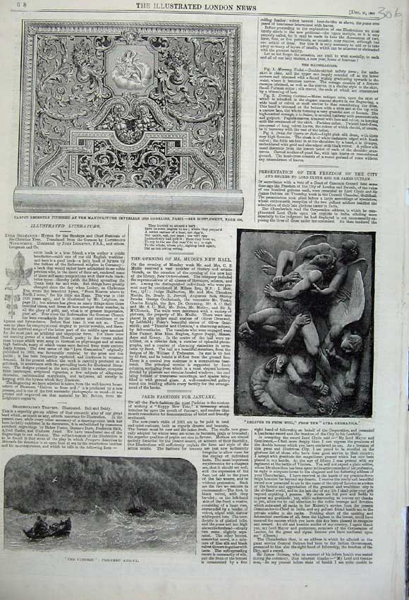 Old Antique Print 1860 Ship Tempest Lyra Germancia Carpet Gobelins Paris 19th