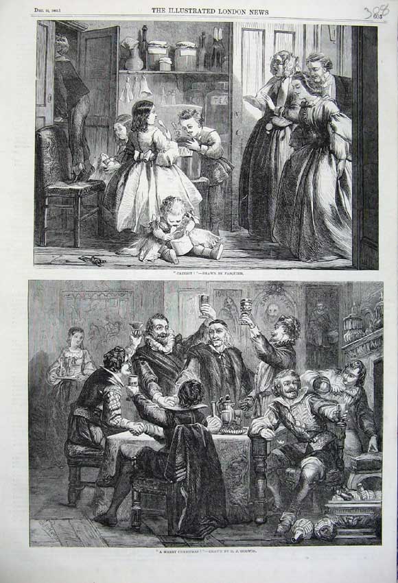 Old Antique Print 1860 Christmas Celebration Children Stealing Food Art 19th