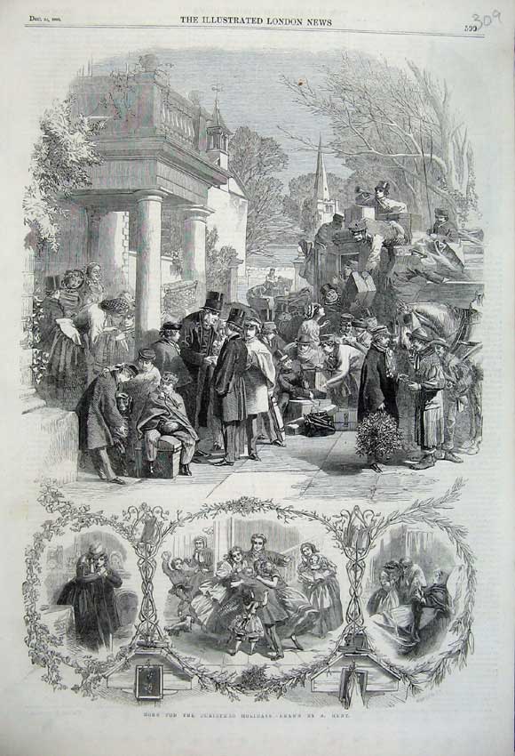 Original Old Antique Print 1860 Siers Home Christmas Holidays Familes Parties