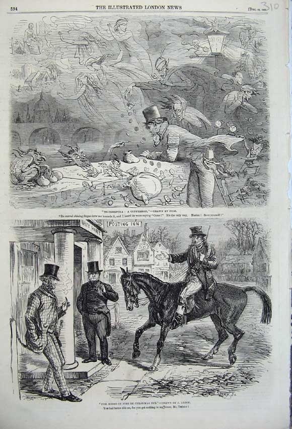Old Antique Print 1860 Public House Christmas Horse Fantasy Scene Money 19th