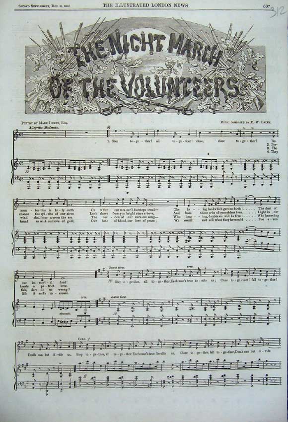 Original Old Antique Print 1860 Sheet Music Song Night March Volunteers Lemon