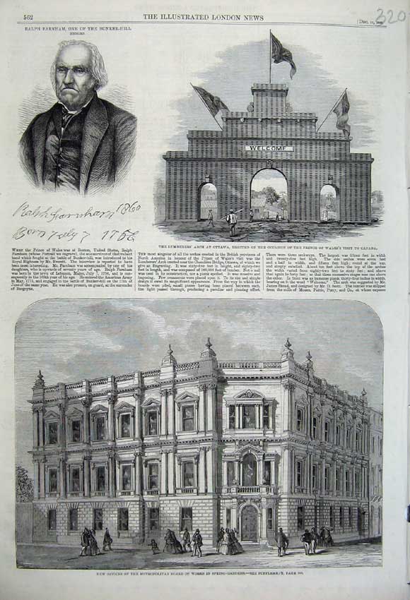 Old Antique Print 1860 Offices Metropolitan Works Lumberers Arch Ottawa 19th